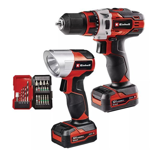 taladro atornillador a bateria + linterna+cargador + 2baterias+ juego de mechas einhell 4513598